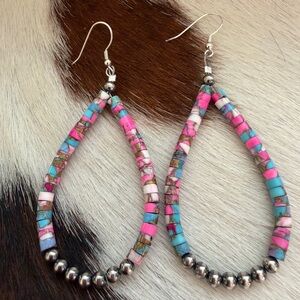 ❤️ Cotton Candy Turquoise Heishi Bead 3mm Sterling Desert Pearl Dangle Earrings